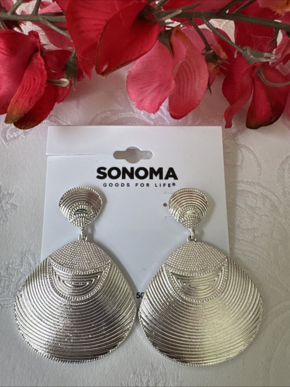 Sonoma Earrings Rib Textured Silvertone 2.2" Chunky Disc Drop Dangle Summer NEW